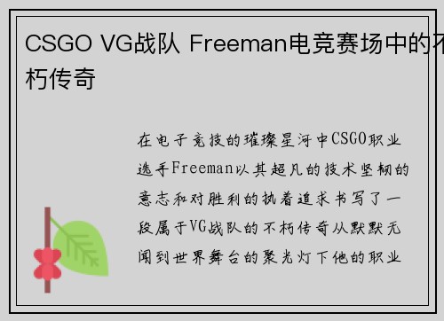 CSGO VG战队 Freeman电竞赛场中的不朽传奇