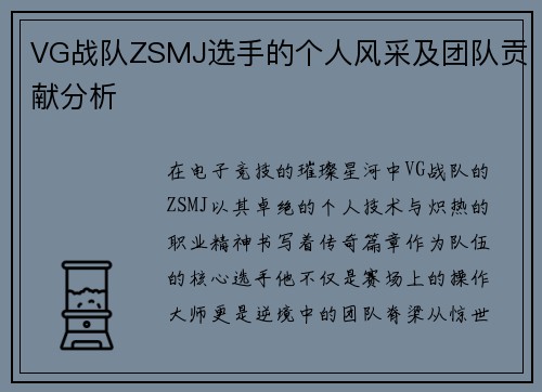 VG战队ZSMJ选手的个人风采及团队贡献分析