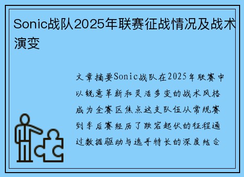 Sonic战队2025年联赛征战情况及战术演变