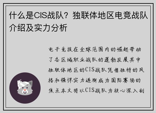 什么是CIS战队？独联体地区电竞战队介绍及实力分析